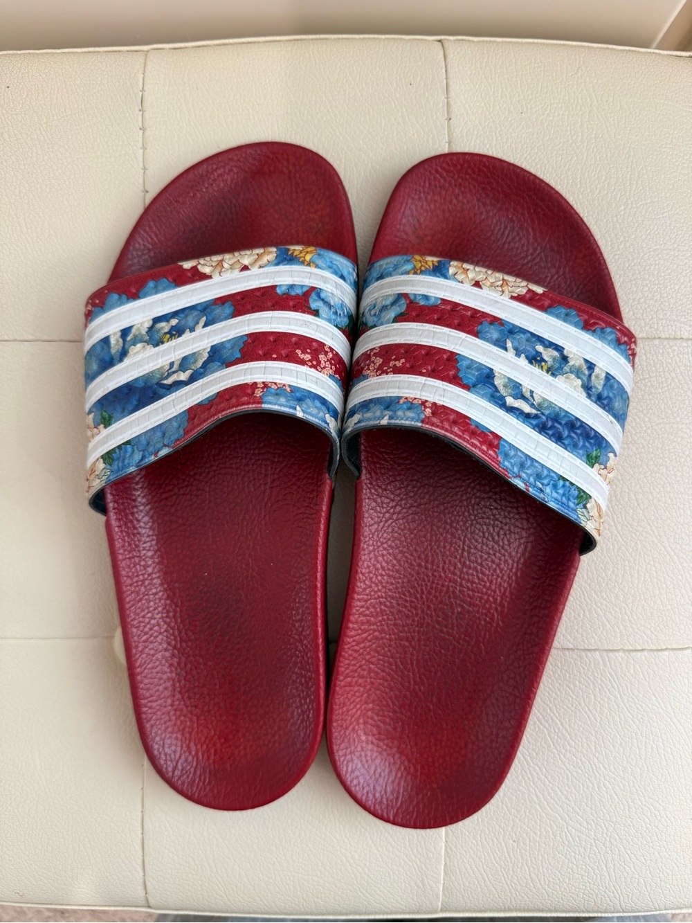 ADIDAS X THE FARM ADILETTE FLORAL STRIPED SLIDE SANDAL, RED